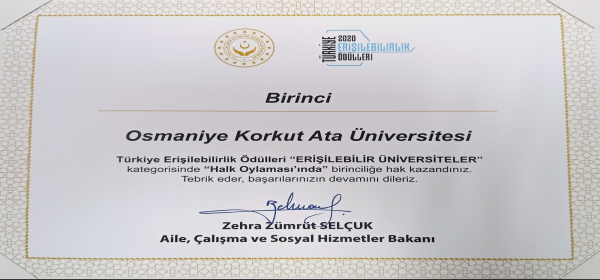 Erişilebilir Üniversiteler Halk Oylaması Birincisi OKÜ Birincilik Belgesine Kavuştu