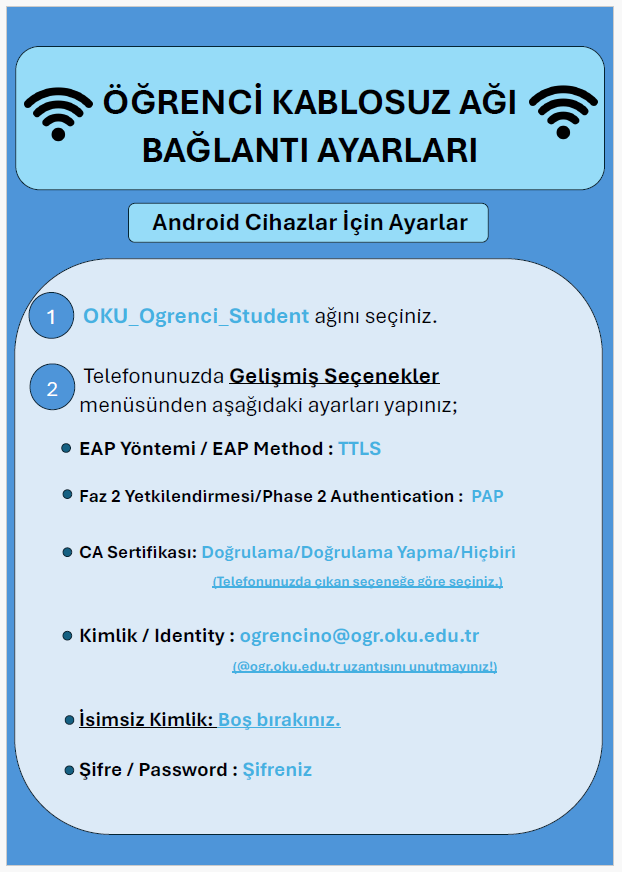 Android Cihazlar İçin OKU_Ogrenci_Student Kablosuz Ağı Bağlantı Ayarları