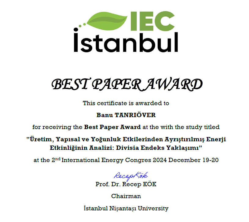 Bölümümüz Öğretim Üyesi Prof. Dr. Banu TANRIÖVER En İyi Bildiri Ödülünü Aldı 