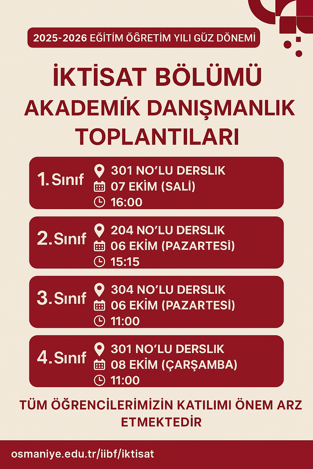 AKADEMİK DANIŞMANLIK TOPLANTILARI (2025-2026 GÜZ YY)