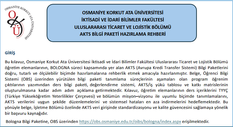 Bölümümüz Bologna Bilgi Paketi Hazırlama Rehberi Yayınlandı